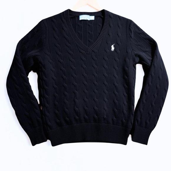 Sweaters - Polo Ralph Lauren Black Cable Knit Wool Cashmere V-Neck Sweater